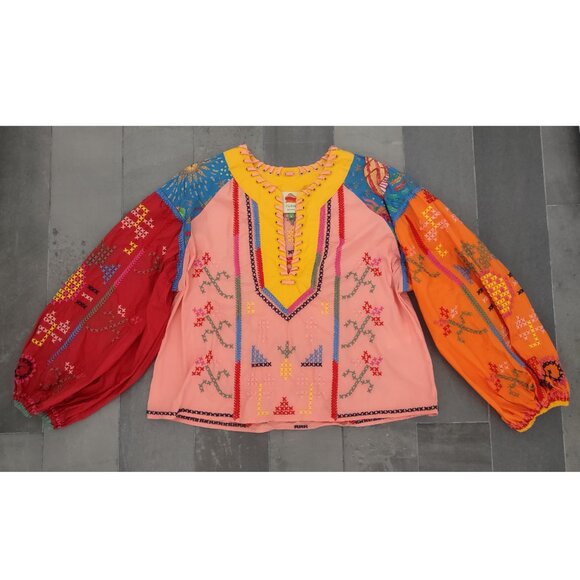 FARM RIO color blocked embroidered blouse - M - Picture 5 of 15